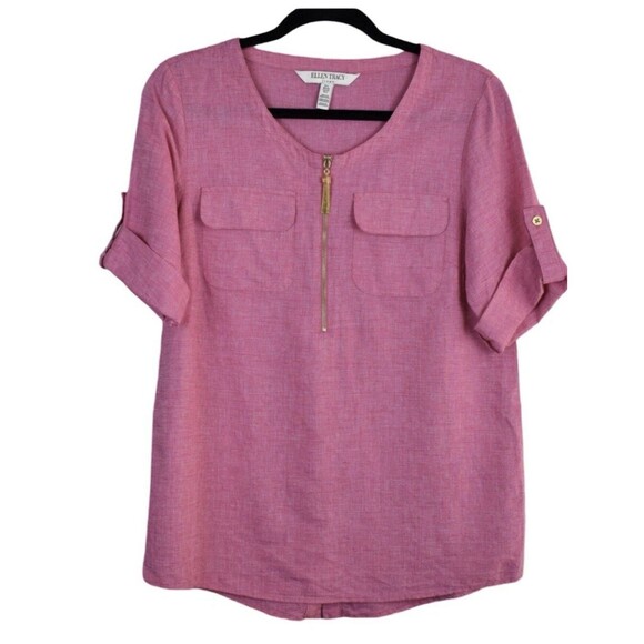 Ellen Tracy Pink Linen Blend Zipper Detail Rolled Tab Popover Top Blouse Large - Picture 1 of 9